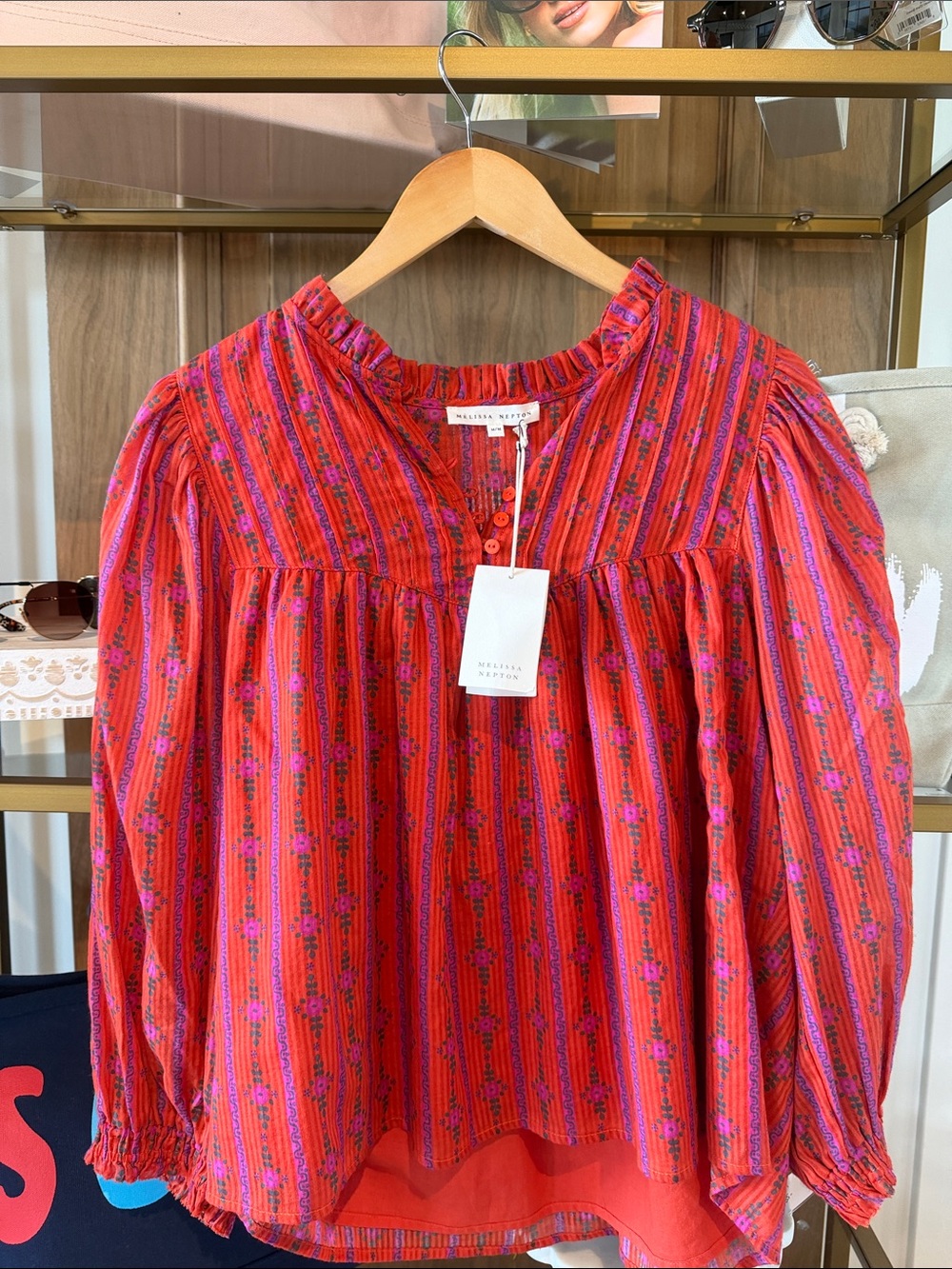 MELISSA NEPTON Red and Purple Floral Stripe Peasant Blouse